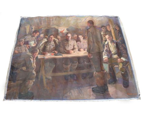 K G Molteninov Oil on Canvas Painting of a Russian Military Trial, the painting is unframed, shows Russian military officers 