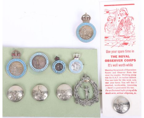 Grouping of Royal Observer Corps Badges, consisting of cap badge, enamel badges and tunic buttons