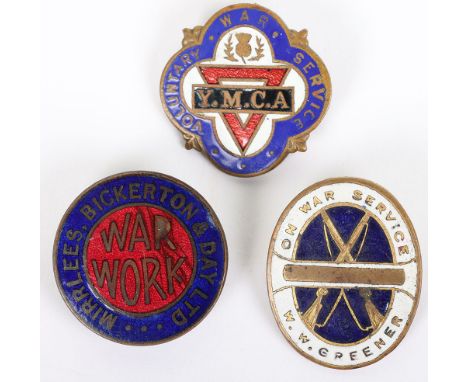 3x WW1 Period War Service Enamel Badges, including Scottish YMCA Volunteer War Service, oval On War Service ‘W W GREENER’ and