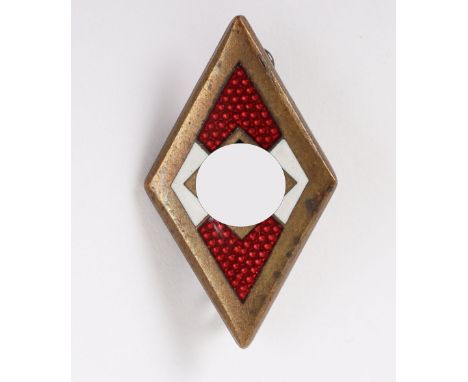 Third Reich Hitler Youth Golden Honour Badge, good example of an enamel HJ diamond badge with the gold border. Reverse with i