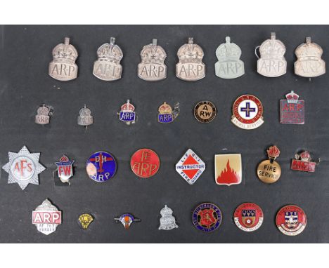 Board of WW2 British Home Front Enamel Lapel Badges, including various ARP, AFS, Fire Watcher badges. Including Animal Servic