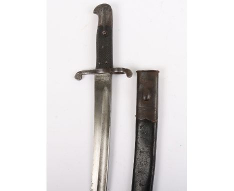 British Enfield 1856 Pattern Sword Bayonet, two piece black chequered grips, steel pommel and cross guard with muzzle ring. Y