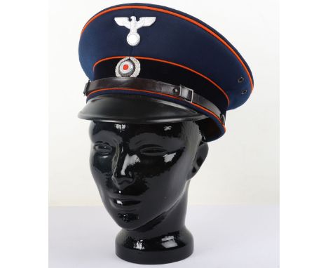 Third Reich Postal Officials Peaked Cap, blue wool body cap with orange piping to the crown and bordering the blue velvet cen