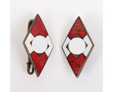 2x Hitler Youth Membership Badges, being brass and enamel examples with pin back fixings to the reverse. One having RZM mark 