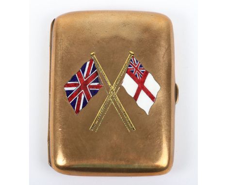 Fine Quality Royal Navy Cigarette Case, fine copper gilt rectangular case with fine painted enamel crossed union flag and nav