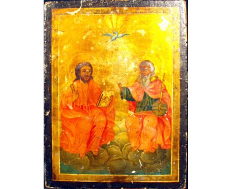 19/20th Century Eastern Orthodox Hand Painted Wooden Icon of Two (2) Saints. Some Greek Lettering Appears on the Icon. Wear, 