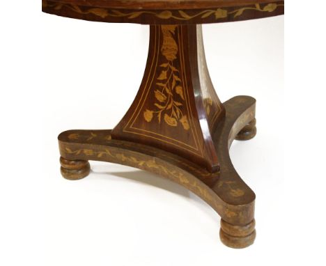 Antique Dutch Baroque Style Mixed Wood Marquetry Center Table on a tripod, footed base, the top, apron and base inlaid with e