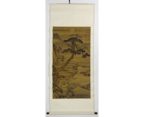 Antique Chinese Hand Painted Scroll on Paper. Landscape With Figure" Signed upper right. Creases, tears toning commensurate w