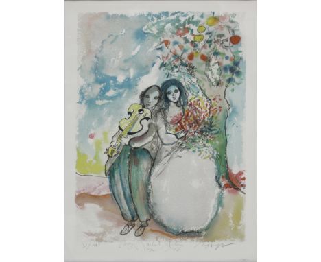 Pencil Signed and Numbered Color Lithograph of a Courting Scene in the Style of Marc Chagall. Artist signature and title are 