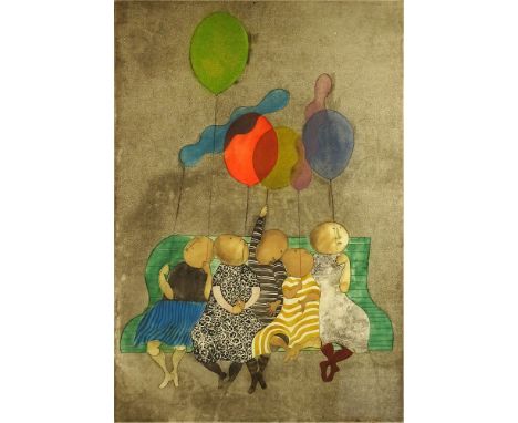 Graciela Rodo Boulanger, Bolivian (born 1935) color lithograph, Children with Balloons. Pencil signed lower right, numbered 9
