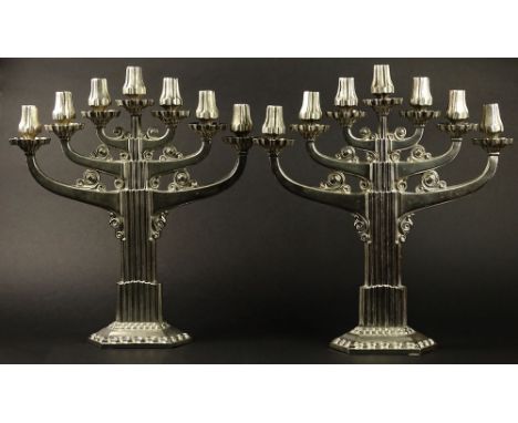 Pair of Art Deco Style 20th Century Aluminum Seven (7) Arm Candelabra. Large Sculpted Sockets  down to Scrolled Accent on Arm