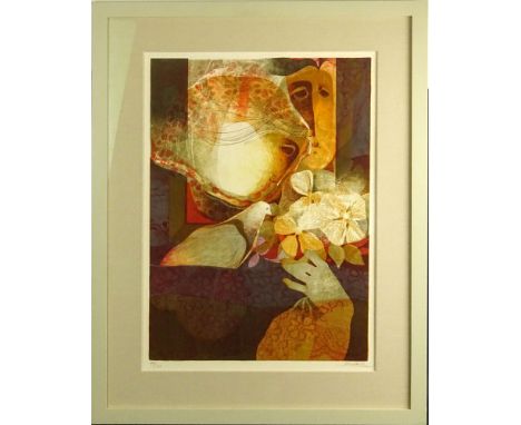 "Alvar" Alvar Sunol Munoz-Ramos, Spanish (b.1935) Color lithograph "Two Figures With Pigeon and Flowers" Signed Alvar and num