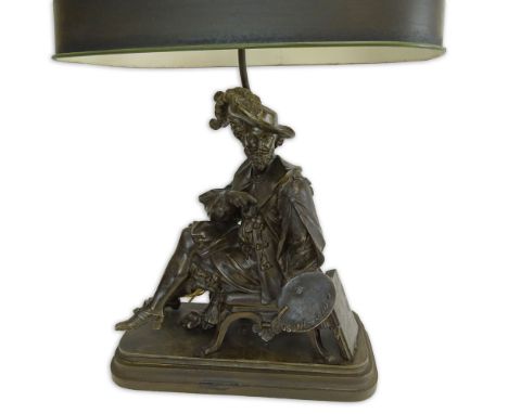 Large Antique French Metal Sculpture "Artist" Now As a Lamp. Unsigned. Wear and Rubbing. Overall measurement 28" H including 