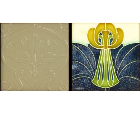 Two (2) Moorcroft style Art Nouveau decorative tiles. Both with floral motif. The color tile with impressed numbers and lette