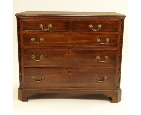 19th Century English Chinese Chippendale style Mahogany Chest of Drawers. Unsigned. Rubbing, surface scratches, wood splits. 