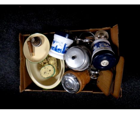 A box containing miscellaneous to include an Edwardian oak biscuit barrel, vintage enamelled scales, enamelled oven dish, pla