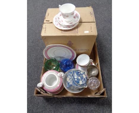 A box containing a boxed Royal Osborne pink rose bone china tea service, assorted ceramics, glassware etc   