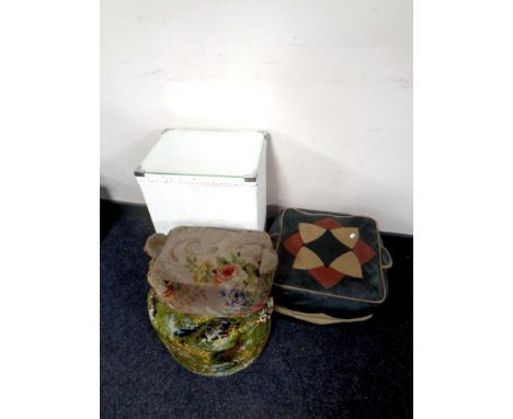 A loom glass topped linen box together with a mid 20th century leather footstool and two further footstools upholstered in ca