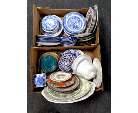 Two boxes containing 19th century and later meat plates, dinner plates, willow patterned tea ware, Ringtons willow patterned 