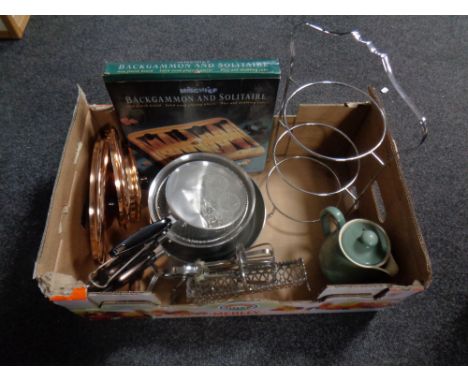 A box containing Denby teapot, boxed backgammon set, metal cake stand, pans with copper lids 