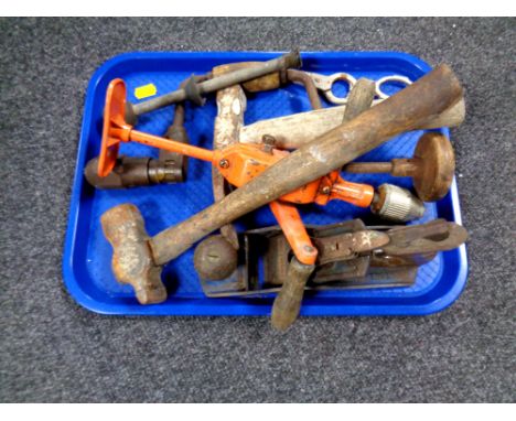 A tray containing Whitmore woodworking plane and other hand tools  
