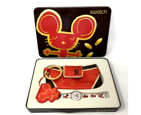 A Swatch Chinese New Year Mouse watch with bag in box. 