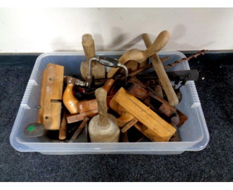 A box containing a quantity of vintage woodworking tools  