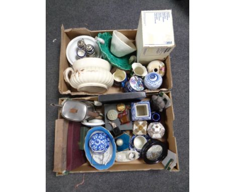 Two boxes containing a large quantity of antique and later ceramics, a vintage stainless steel Russell Hobbs kettle, Ottoman 