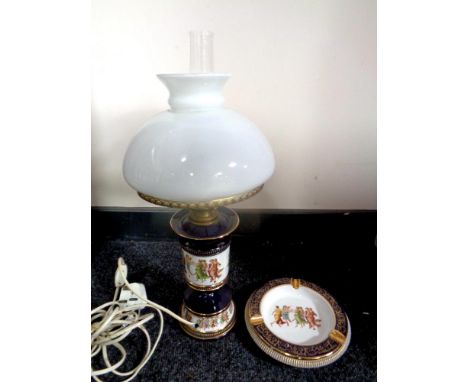 An Italian ceramic lamp with glass shade and matching ashtray  