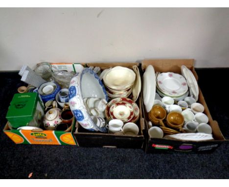 Three boxes containing miscellaneous glassware and ceramics to include antique and later dinnerware, Ringtons caddy, mugs, te