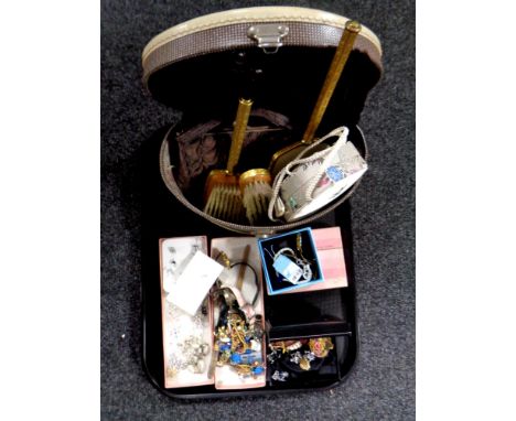 A tray containing assorted costume jewellery, lady's wristwatches, dressing table brush set, vintage hand bag, gloves etc  