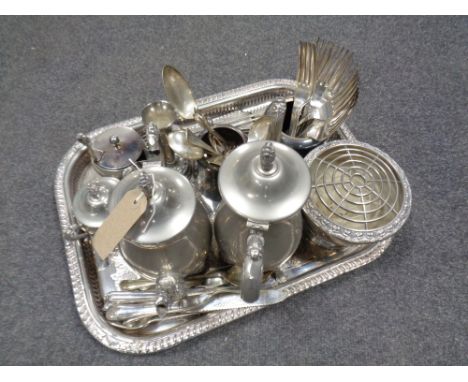 A large quantity of 20th century plated wares to include serving tray, cutlery, four piece tea service, rose bowl etc  