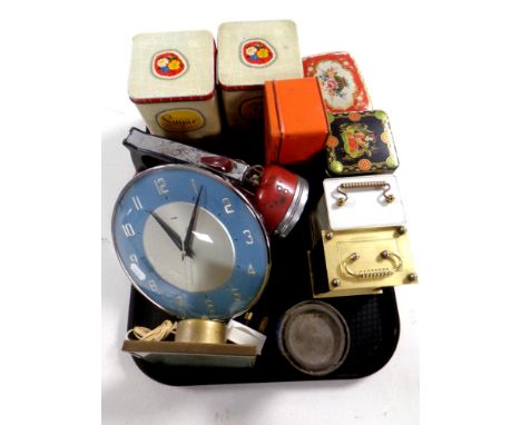 A tray containing mid 20th century and later clocks to include Metamec carriage clocks together with a quantity of vintage ti