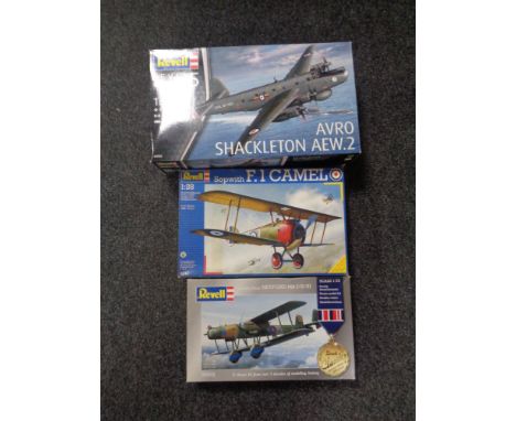 Three boxed Revell model kits, a Shackleton AEW.II, together with two further vintage military aircraft 