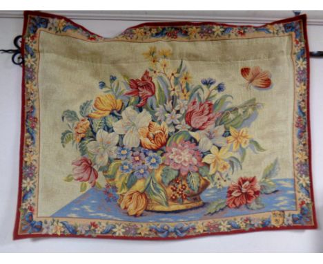 A French floral wall tapestry on wrought metal bracket 