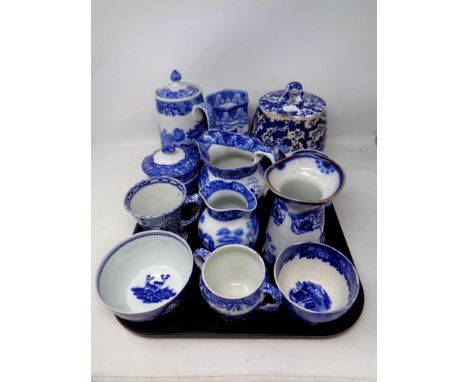 A tray containing 19th century and later blue and white wares to include Copeland Spode twin handled mug, Royal Cauldron hexa