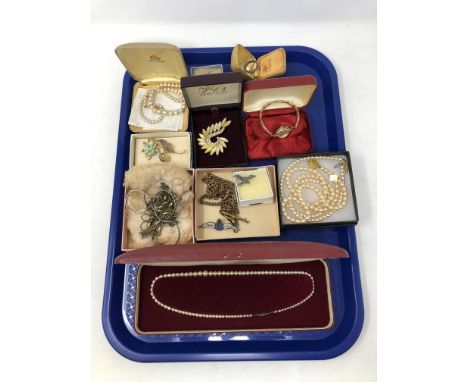 A tray of costume jewellery, lady's Timex wristwatch, gold plated Albert chain, silver and enamel RAF brooch etc. 