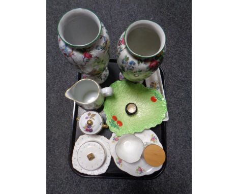A tray containing early 20th century and later ceramics to include pair of transfer printed floral patterned vases, Royal Wor