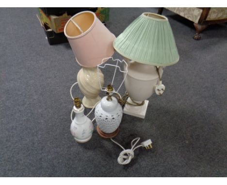 An Aynsley Little Sweetheart bone china table lamp with shade, together with three further table lamps, two with shades  