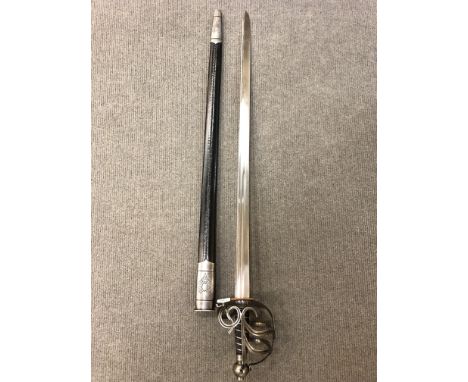 A reproduction basket-hilted sword in scabbard. 
