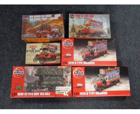 A tray containing six vintage and later Airfix kits to include Omnibus, vintage fire engine etc  