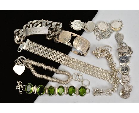 A SELECTION OF JEWELLERY, to include a chain mail bracelet, a bangle bracelet, an identification bracelet engraved with name 