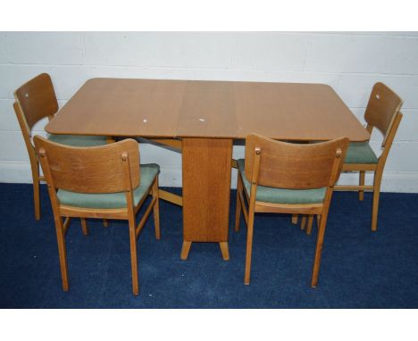 A MID 20TH CENTURY GOLDEN OAK FINISH GATE LEG TABLE, width 84cm x open depth 148.5cm x closed depth 32cm x height 77cm and fo