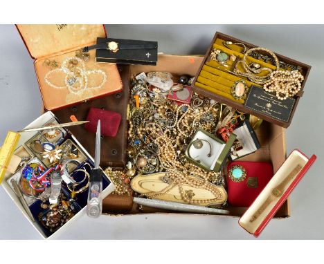 A BOX OF MAINLY VINTAGE COSTUME JEWELLERY, to include a pair of Christian Dior ear clips, two Christian Dior chain necklaces,