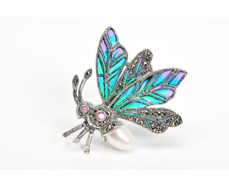A PLIQUE-A-JOUR GEM AND MARCASITE BUG BROOCH, designed with green, blue and purple plique-a-jour wings, ruby and cultured pea