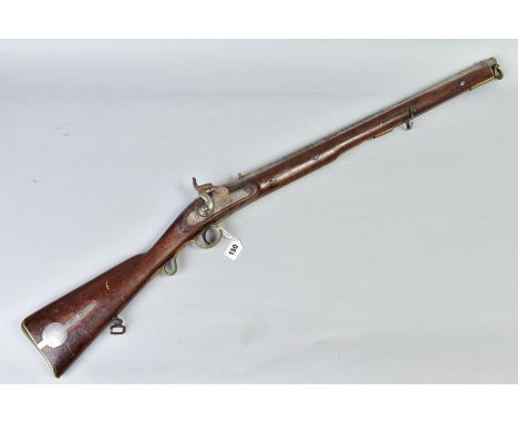 A 10 BORE PERCUSSION CARBINE made for the East India Company, it is fitted with a 26'' smooth bore barrel at the front of whi
