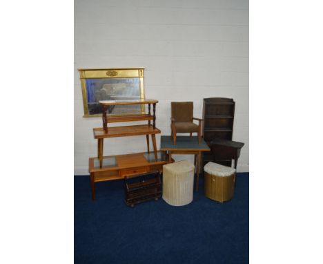 A QUANTITY OF OCCASIONAL FURNITURE to include an oak cascade open bookcase, three various coffee tables, two Lloyd Loom linen