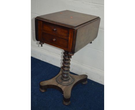 A VICTORIAN MAHOGANY DROP LEAF WORK TABLE, with two drawers in bobbin turned support and a triform base and bun feet (s.d. an