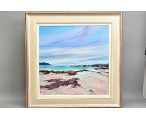 TOM BARRON (BRITISH CONTEMPORARY) 'SUMMER LIGHT, SANNA BAY I', a Scottish coastal landscape, signed bottom right, oil on canv