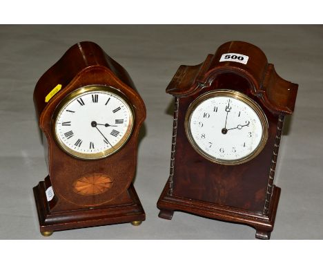 TWO EDWARDIAN MAHOGANY MANTEL CLOCKS, both with wavy domes and white enamel dials, one with inlaid case and Roman numerals, m